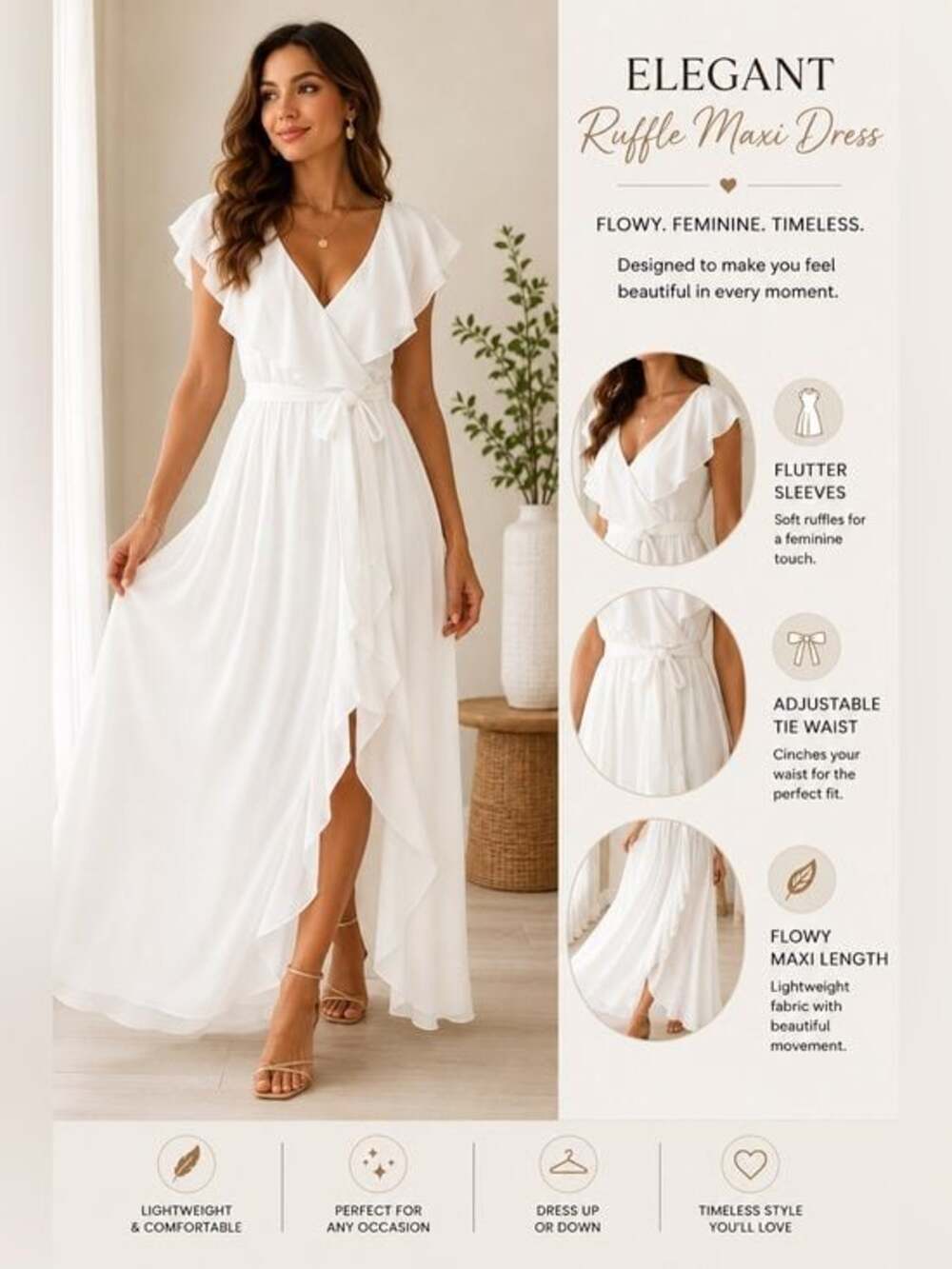 Simplee Apparel White Ruffle Wrap Maxi Dress